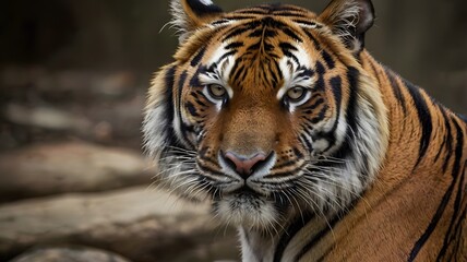 Fototapeta premium A majestic tiger is captured in its natural habitat, gazing into the distance The detailed photograph showcases the tiger's striking orange fur and black stripes.Nature animal photography