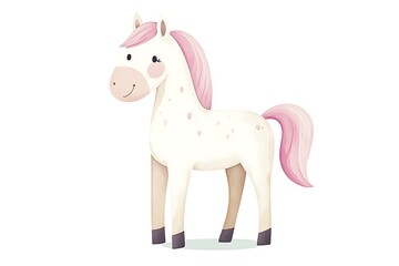 Fototapeta premium Adorable Cartoon White Horse with Pink Mane and Tail.