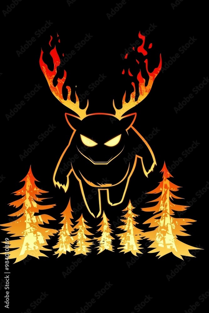 Poster fiery deer monster illustration