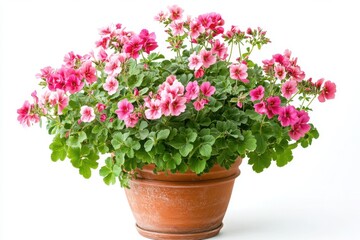 A vibrant potted geranium plant, featuring clusters of pink and red flowers set against lush