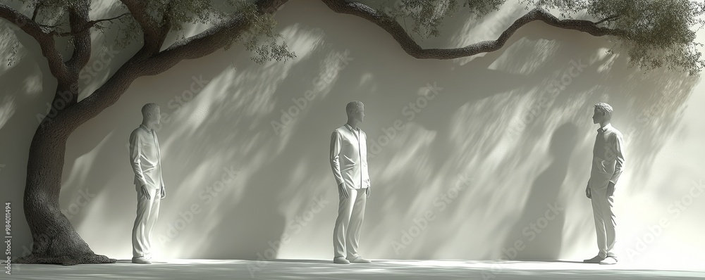 Poster surreal scene featuring three figures under a stylized tree, creating an atmosphere of contemplation