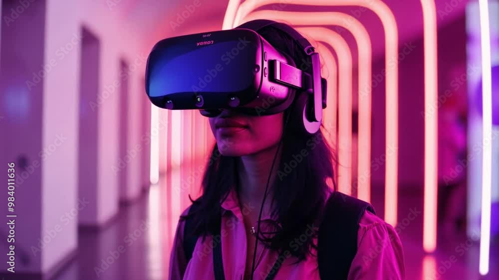 Fototapete a person stands in a corridor enhanced by colorful neon lights while experiencing virtual reality th
