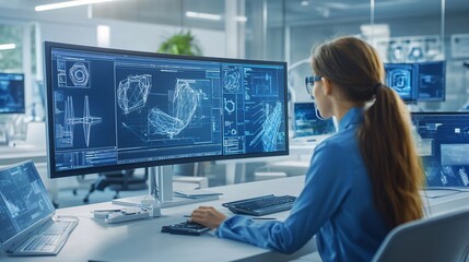 Female Architect Working on 3D Model on Computer in Modern Office