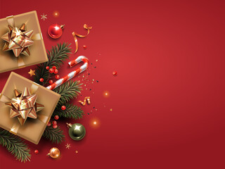 Horizontal banner with gold and green Christmas symbols and text. Christmas tree, gifts, balls, golden tinsel confetti and snowflakes on a red background.
