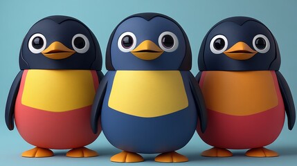 Three colorful cartoon penguins with big eyes and cheerful expressions, perfect for children's designs and playful themes.