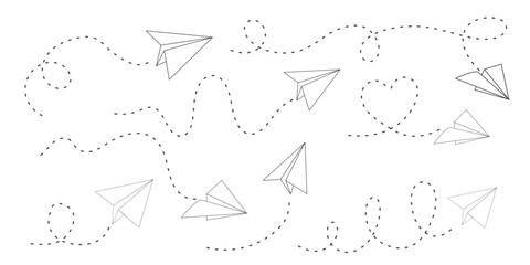 Paper plane dashed line doodle sketch style drawing. Path way, follow idea. Business or travel design element. Paper aeroplane