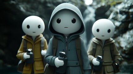 Obraz premium Three stylized characters in hooded jackets stand by a serene waterfall, embodying adventure and curiosity in a whimsical environment.