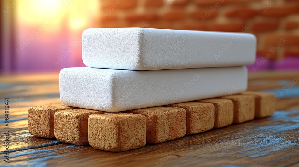 Poster two white blocks placed over a textured wooden surface with a colorful background, showcasing modern