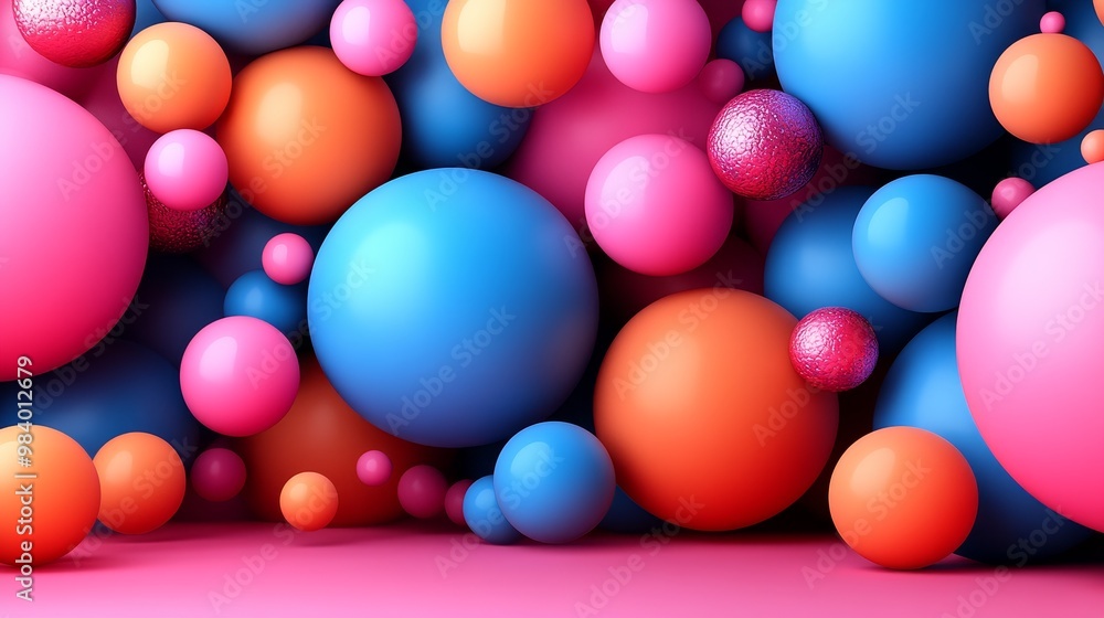Poster vibrant and colorful spheres in a dynamic arrangement, perfect for abstract backgrounds and modern d