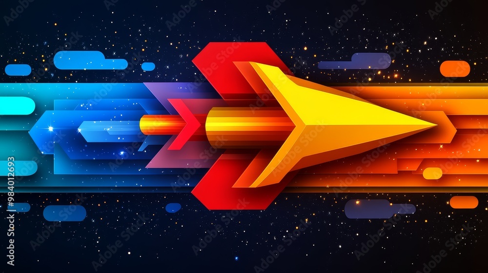 Poster vibrant arrow design illustrating motion, speed, and direction in a colorful digital format. ideal f