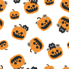 Seamless pattern cartoon cat with pumpkin and ghost for halloween. cute halloween wallpaper for fabric print, gift wrap paper