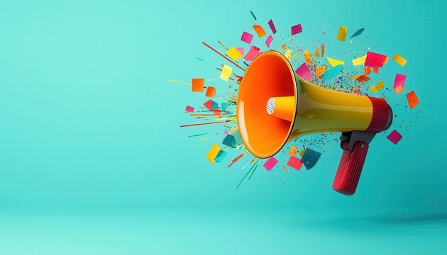 Bursting confetti explosion in the shape of a megaphone, with vibrant colors and dynamic motion, celebrating a joyful and exciting announcement