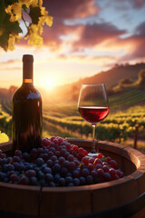 Vineyard sunset with wine and grapes