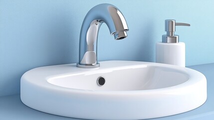 Fototapeta premium Modern bathroom sink with sleek chrome faucet and soap dispenser against a light blue wall, perfect for home decor.