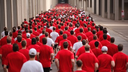 A large-scale charity run with participants in matching t-shirts cheering crowds and a festive finish line area