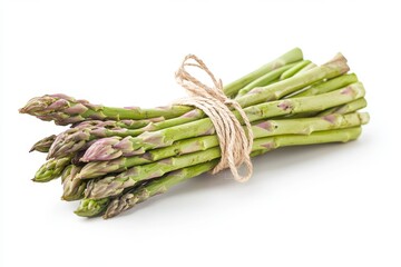 Create an image of a bunch of fresh green asparagus stalks tied together with a thin piece