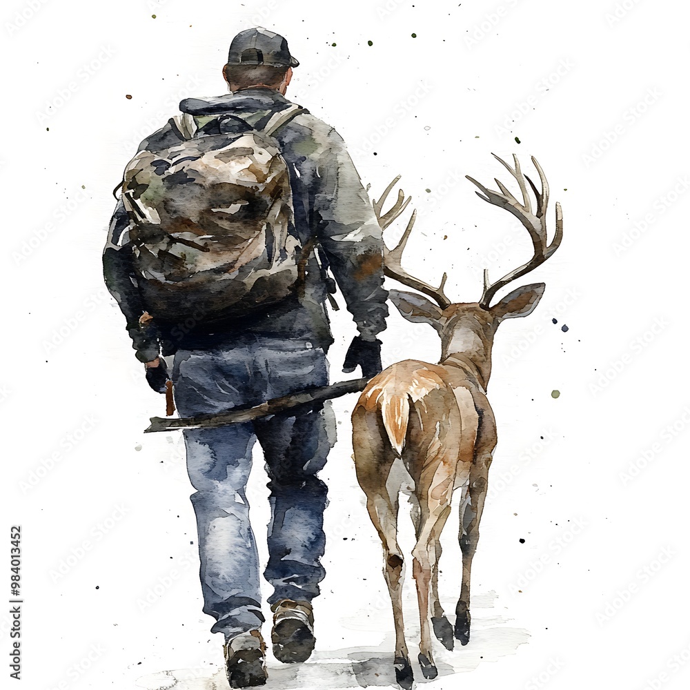 Poster Hunter and Deer Watercolor Illustration.