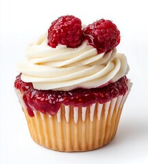 Cupcake with white cream and raspberries on isolated background