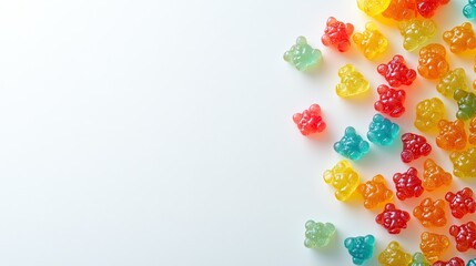 Naklejka premium A close-up of vibrant jelly bears scattered on a pristine white background, offering a bright, playful scene with ample space for text or branding.