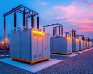High-tech electrical power substation at dusk, with glowing lights and towering transformers, symbolizing modern energy infrastructure