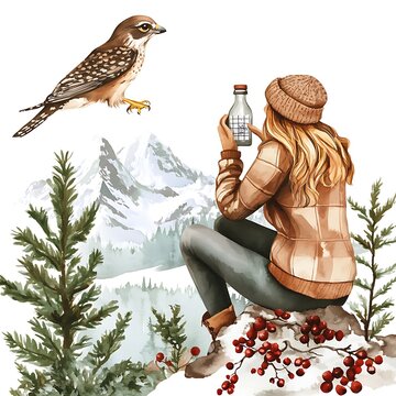 recommend clip art: Woman sitting on a snowy mountain with a bird and a bottle in her hand.
