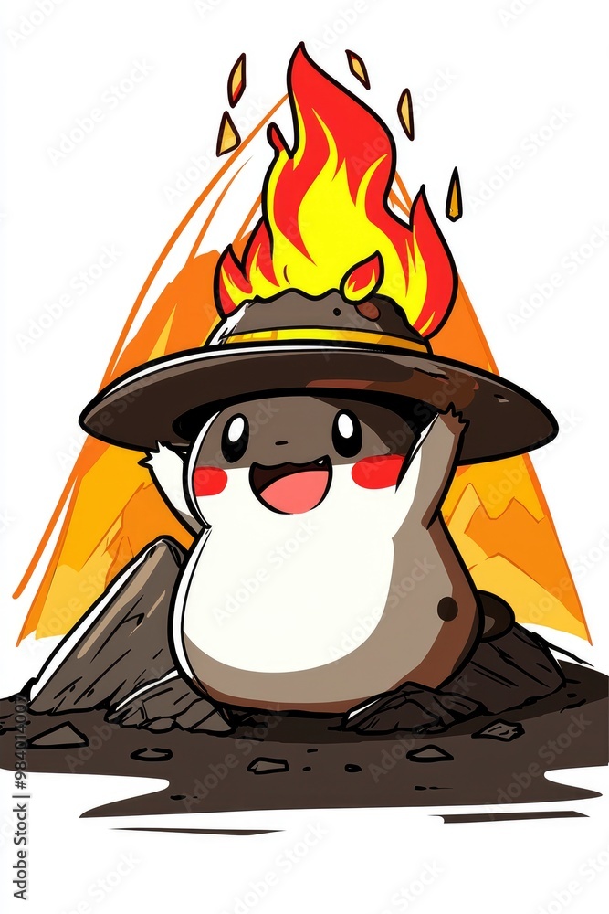 Sticker Cute Cartoon Volcano Character with Flames