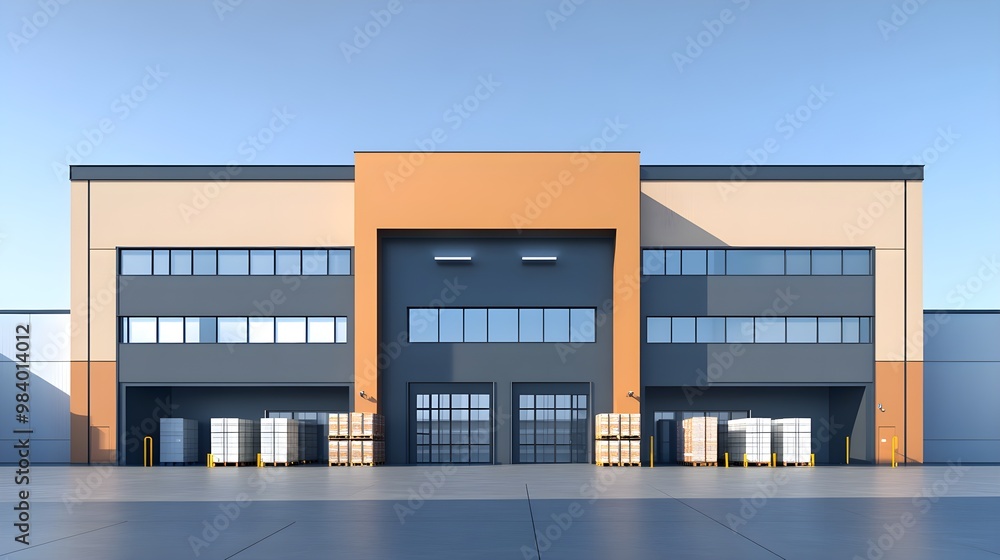 Poster modern warehouse building with loading docks and pallets