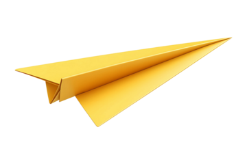 Floating yellow paper airplane isolated on transparent background.