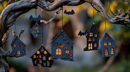 Halloween-themed laser-cut ornaments shaped like spooky houses and bats, hanging from an aged, twisted tree branch.