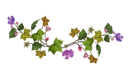 watercolor painting of leaves and flower, on white background
