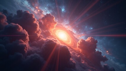 Vibrant starburst illuminating red and blue nebula clouds with twinkling distant stars