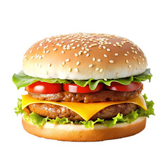 A hamburger with a cheeseburger and tomato on it