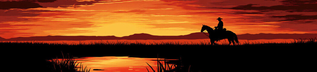 silhouette of cowboy riding horse at sunset in the wild west