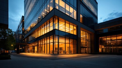Obraz premium Office building at night with most lights turned off, except for a few energy-efficient LED lights, showcasing corporate commitment to energy conservation