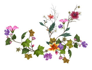 watercolor painting of leaves and flower, on white background