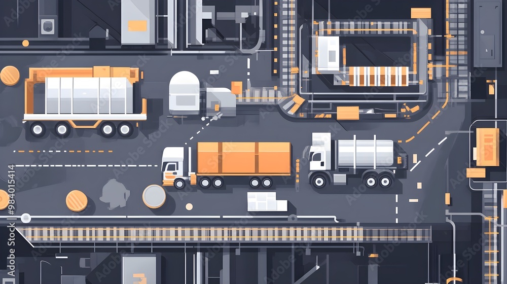 Poster aerial view of semi trucks loading and unloading at a distribution center