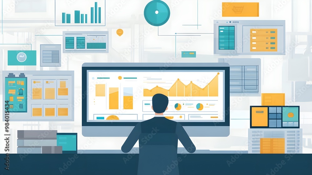 Poster businessman analyzing data on computer screen with charts graphs and reports