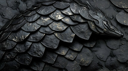 Abstract 3D Render of Black and Gold Scales, a Close-Up of a Detailed Texture with a Curved Shape, Reminiscent of Armor or a Dragon's Back.