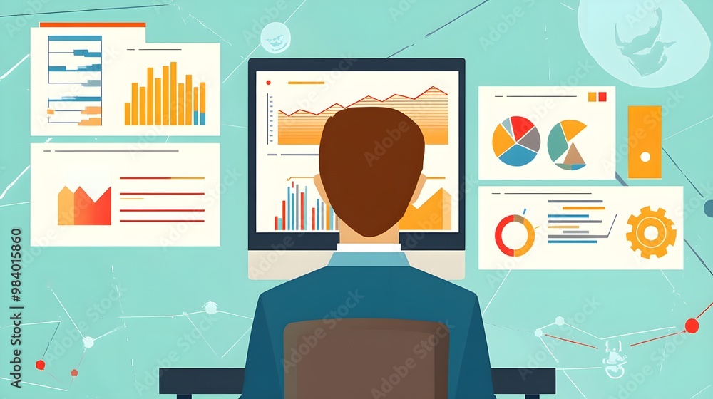 Poster businessman analyzing data charts graphs on computer