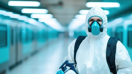 Worker spraying disinfectant in a public space, ensuring cleanliness and safety during a sanitation process