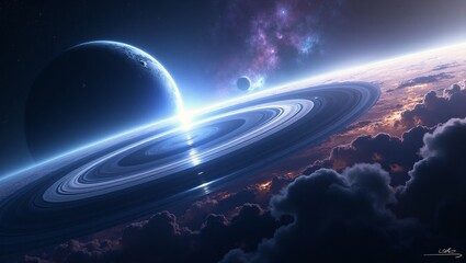 Glowing planetary ring system with gas giants moons and nebula clouds in vibrant hues