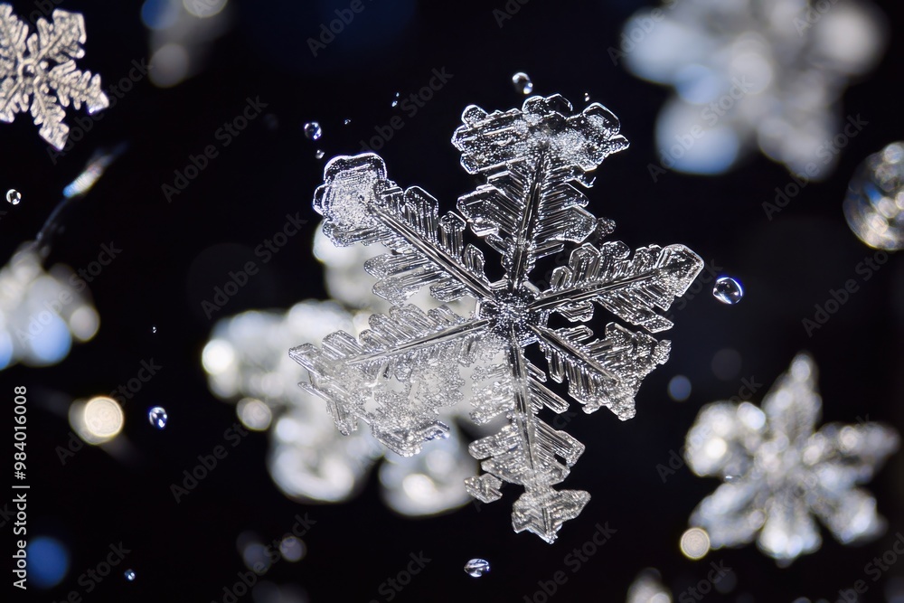Poster create an image of snowflakes gently falling against a black background