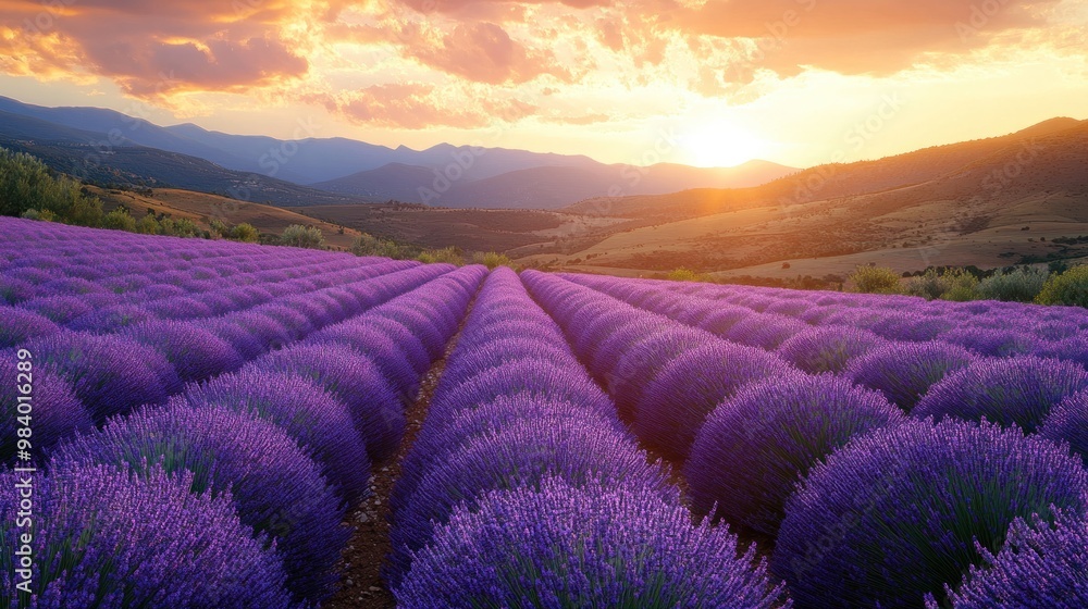 Wall mural Sunset over Lavender Fields