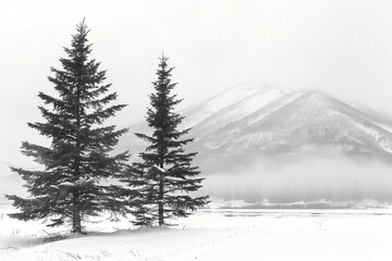 Obraz premium Two pine trees stand in the snow, with a mountain in the background. The scene is serene and peaceful, with the snow-covered landscape creating a sense of calmness