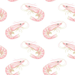 Watercolor seamless pattern with pink shrimps on a white background. Cute illustration for textiles and wrapping paper