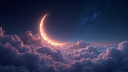 Glowing crescent moon in violet nebula clouds with twinkling stars