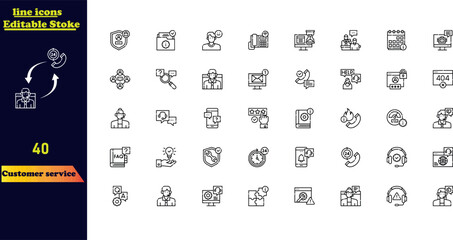 Customer service stroke icon set, featuring icons for customer satisfaction, assistance, experience, feedback, operators, and technical support.