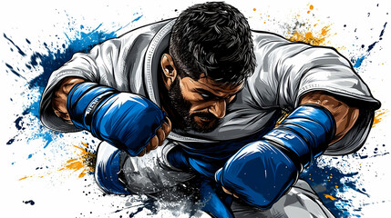 A Powerful Fighter With Blue Boxing Gloves, Ready to Strike in an Abstract Splash Background