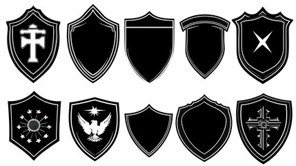 Collection of Black and White Shield Vector Graphics with Different Designs, Including a Cross, a Dove, and Stars, Perfect for Branding and Identity Design