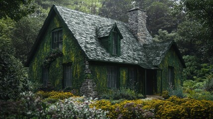 Fototapeta premium A historic stone cottage with a dark moss green paint job, nestled in a wild botanical garden, creating a fairy-tale atmosphere